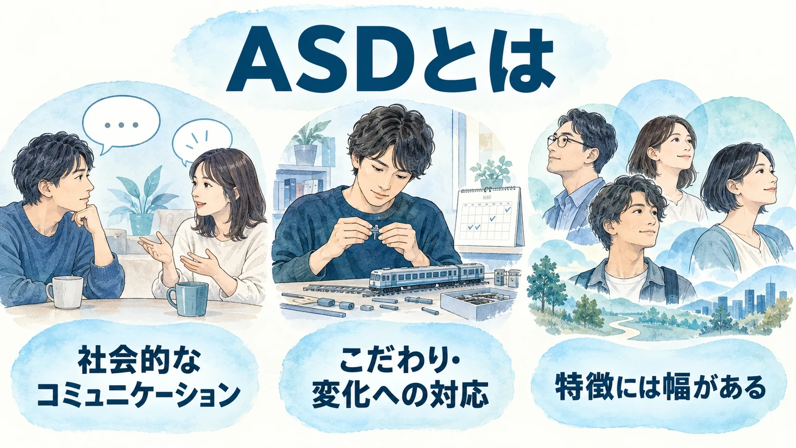 ASDとは―自閉スペクトラム症とアスペルガー症候群の要点：社会的なコミュニケーション、こだわり・変化への対応、特徴には幅がある。