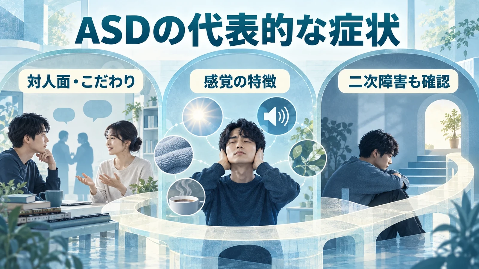 ASDの代表的な症状の要点：対人面・こだわり、感覚の特徴、二次障害も確認。