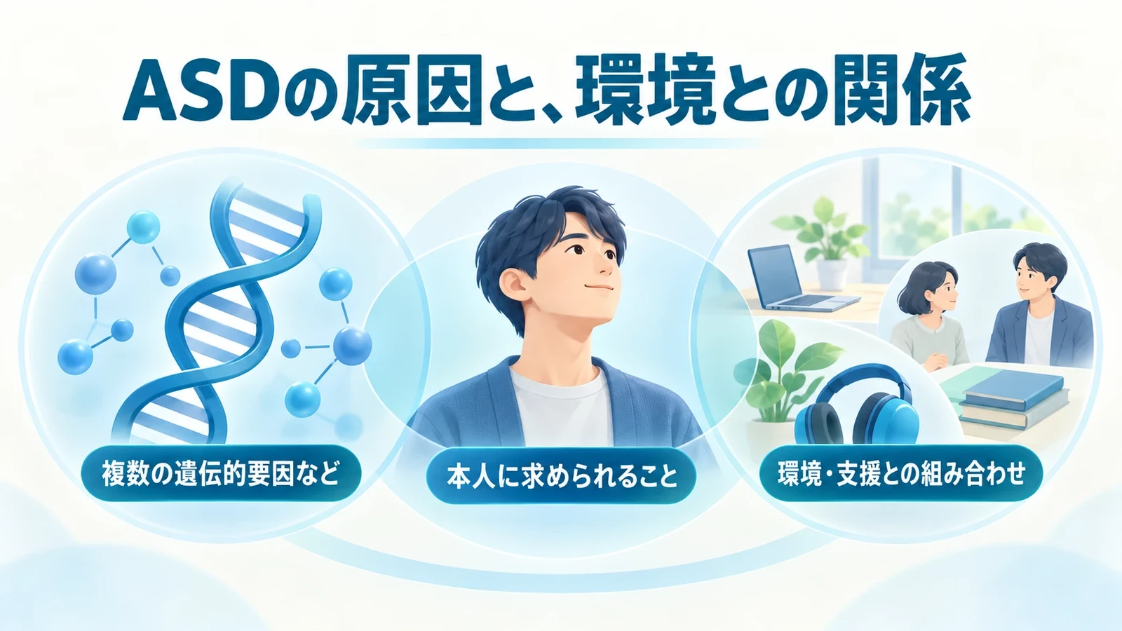 ASDの原因と、環境との関係の要点：複数の遺伝的要因など、本人に求められること、環境・支援との組み合わせ。