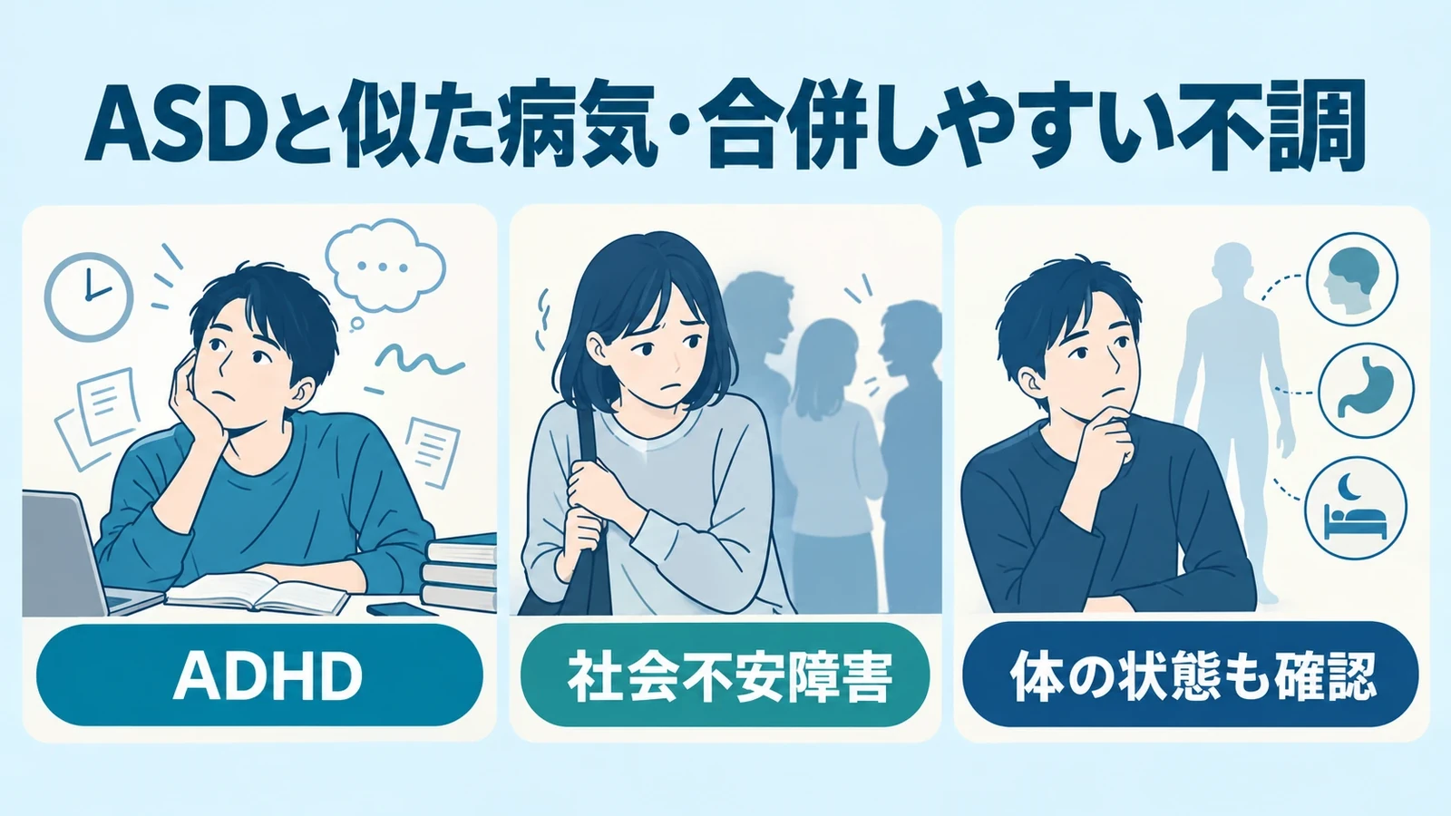 ASDと似た病気・合併しやすい不調の要点：ADHD、社会不安障害、体の状態も確認。