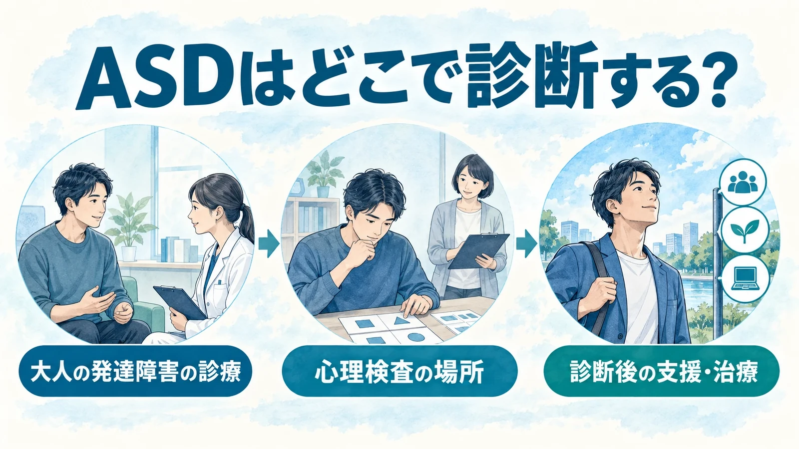 ASDはどこで診断する？―受診先と相談の目安の要点：大人の発達障害の診療、心理検査の場所、診断後の支援・治療。