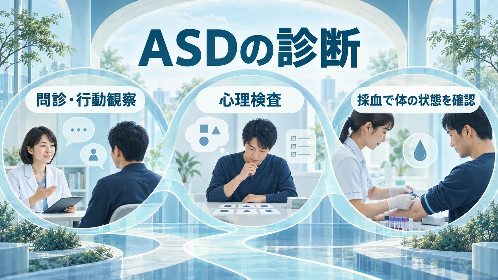 ASDの診断―問診・行動観察・心理検査・採血の要点：問診・行動観察、心理検査、採血で体の状態を確認。