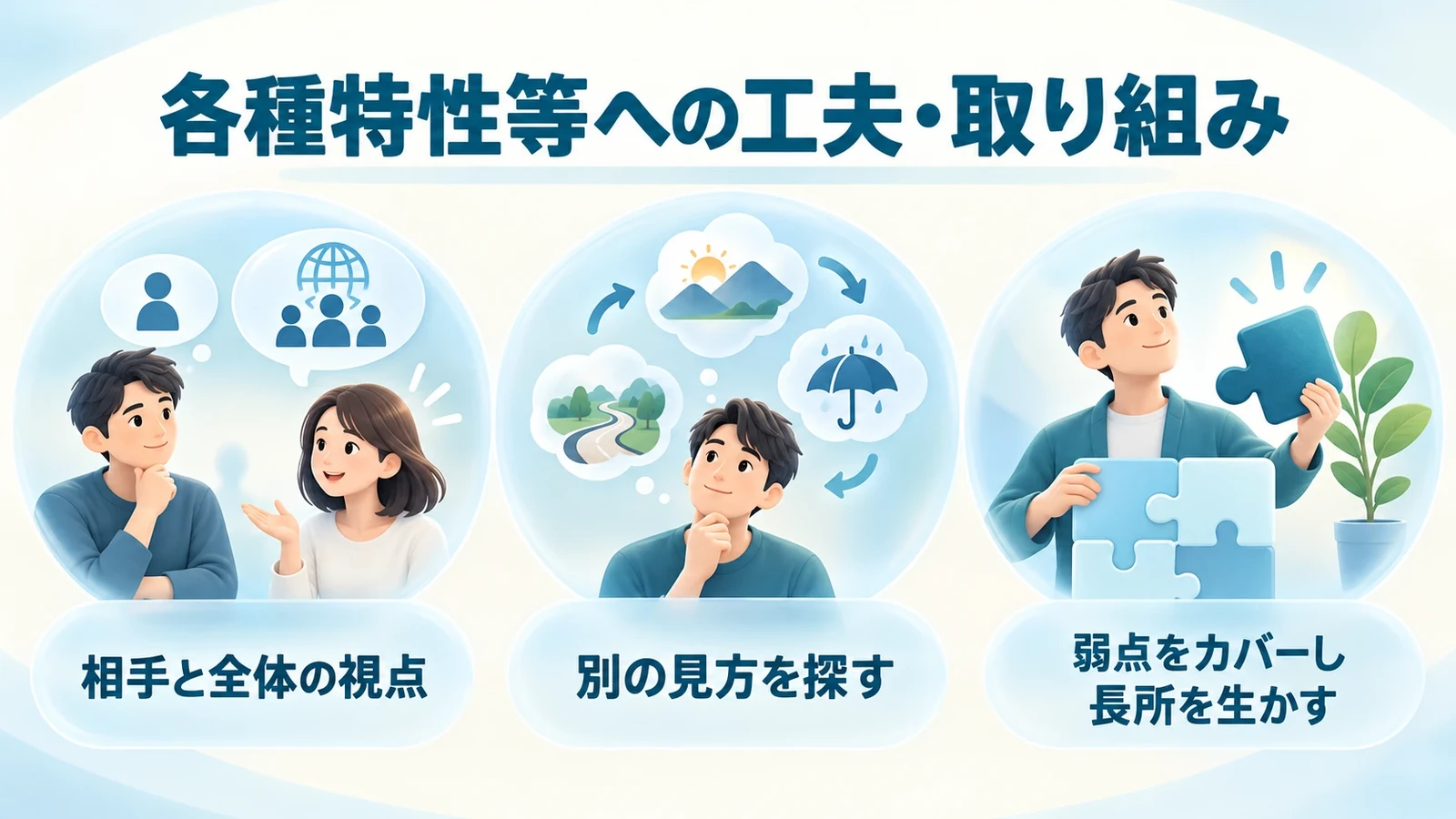 各種特性等への工夫・取り組みの要点：相手と全体の視点、別の見方を探す、弱点をカバーし長所を生かす。