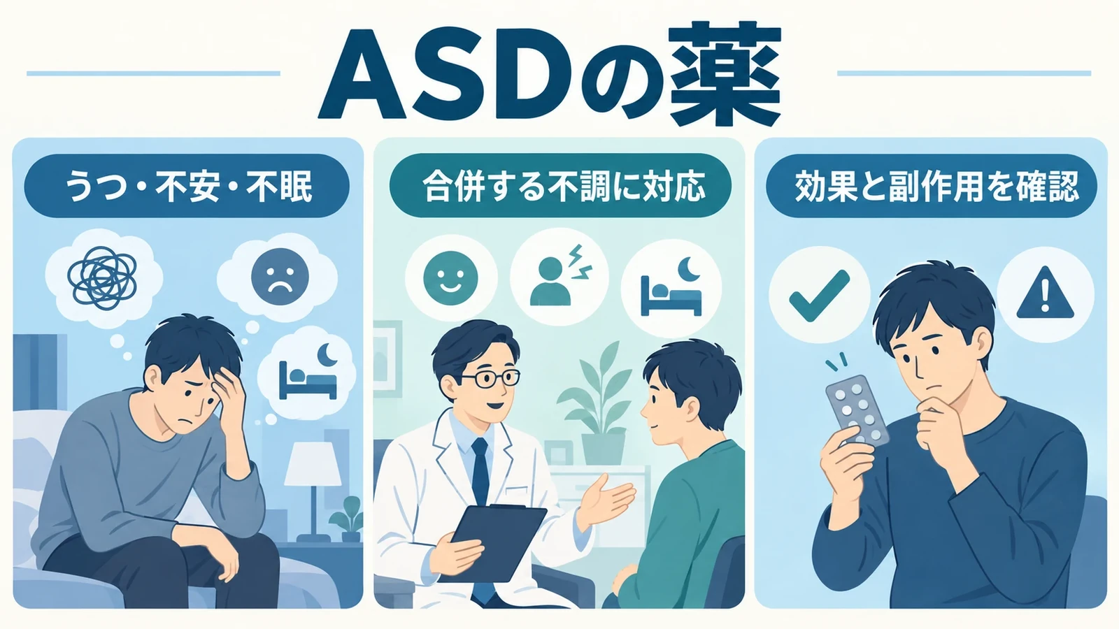 ASDの薬―二次障害や合併症への治療の要点：うつ・不安・不眠、合併する不調に対応、効果と副作用を確認。