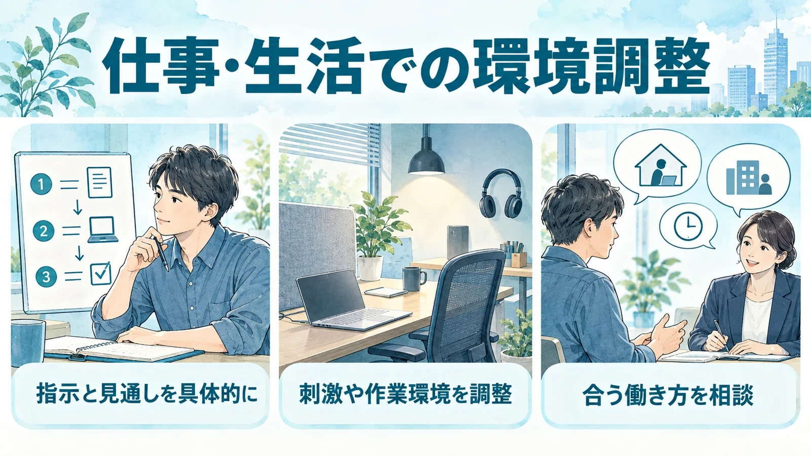 仕事・生活での環境調整の要点：指示と見通しを具体的に、刺激や作業環境を調整、合う働き方を相談。