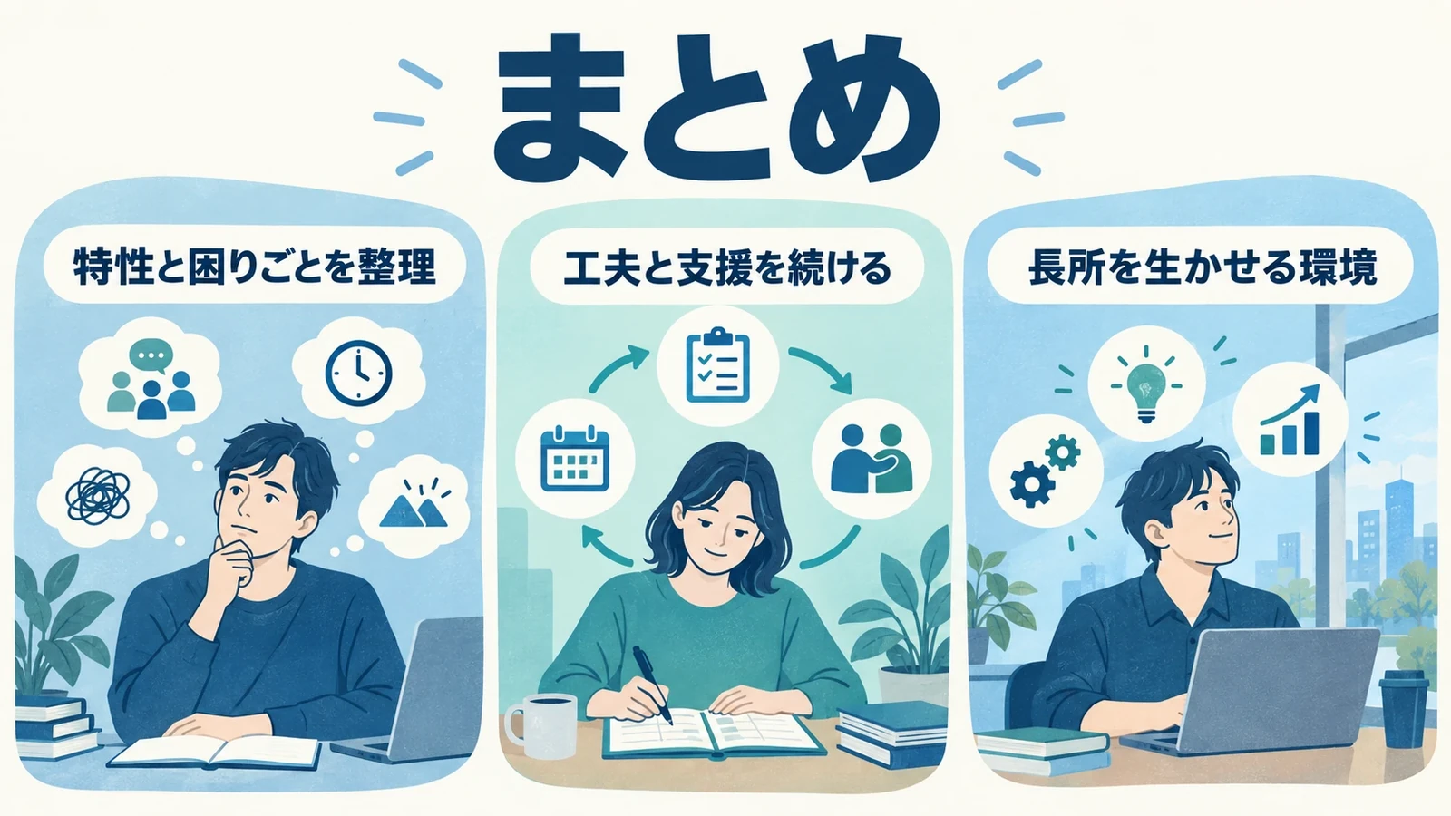 まとめの要点：特性と困りごとを整理、工夫と支援を続ける、長所を生かせる環境。