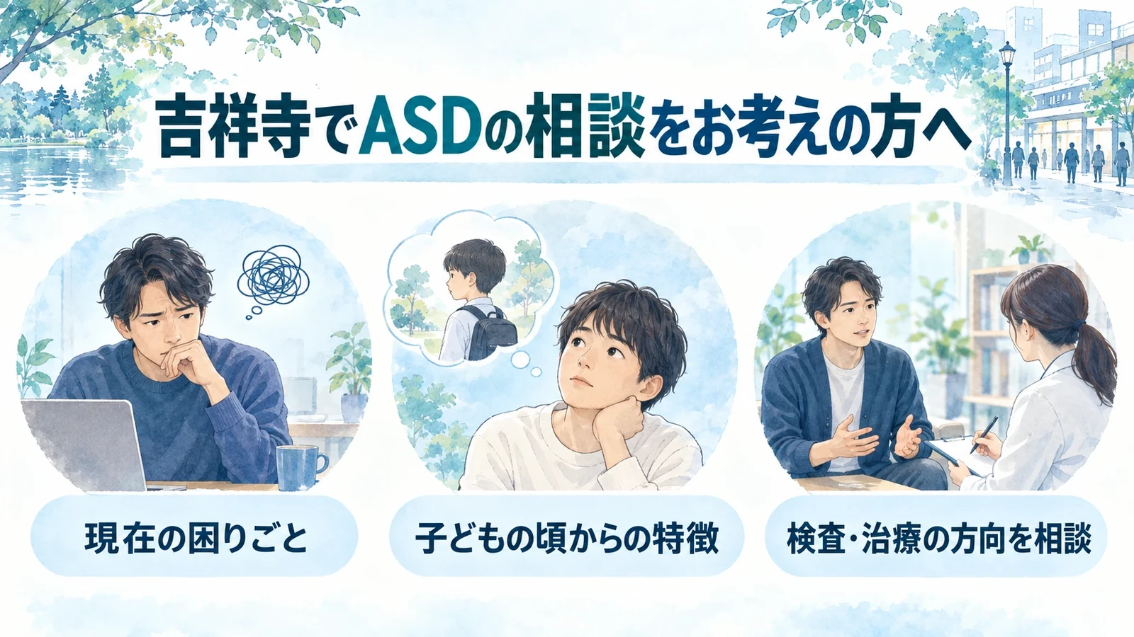 吉祥寺でASDの相談をお考えの方への要点：現在の困りごと、子どもの頃からの特徴、検査・治療の方向を相談。