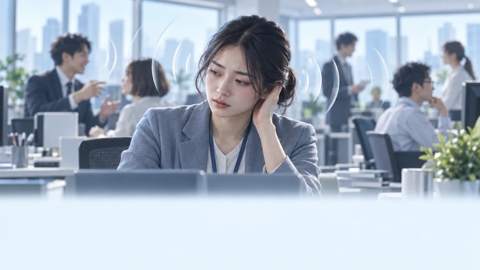 音・光・においなどの刺激で疲れ切るの説明動画。日常生活の場面を表した架空のイメージ。