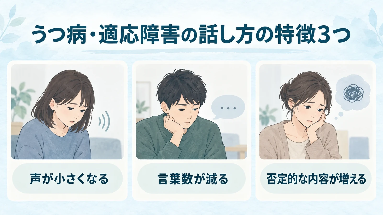 うつ病・適応障害の話し方の特徴3つの要点：声が小さくなる、言葉数が減る、否定的な内容が増える。