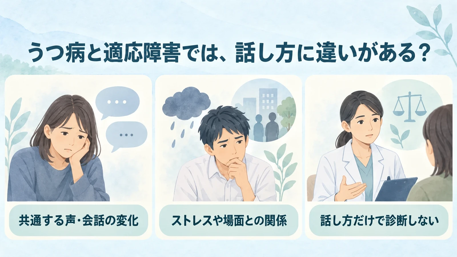 うつ病と適応障害では、話し方に違いがある？の要点：共通する声・会話の変化、ストレスや場面との関係、話し方だけで診断しない。