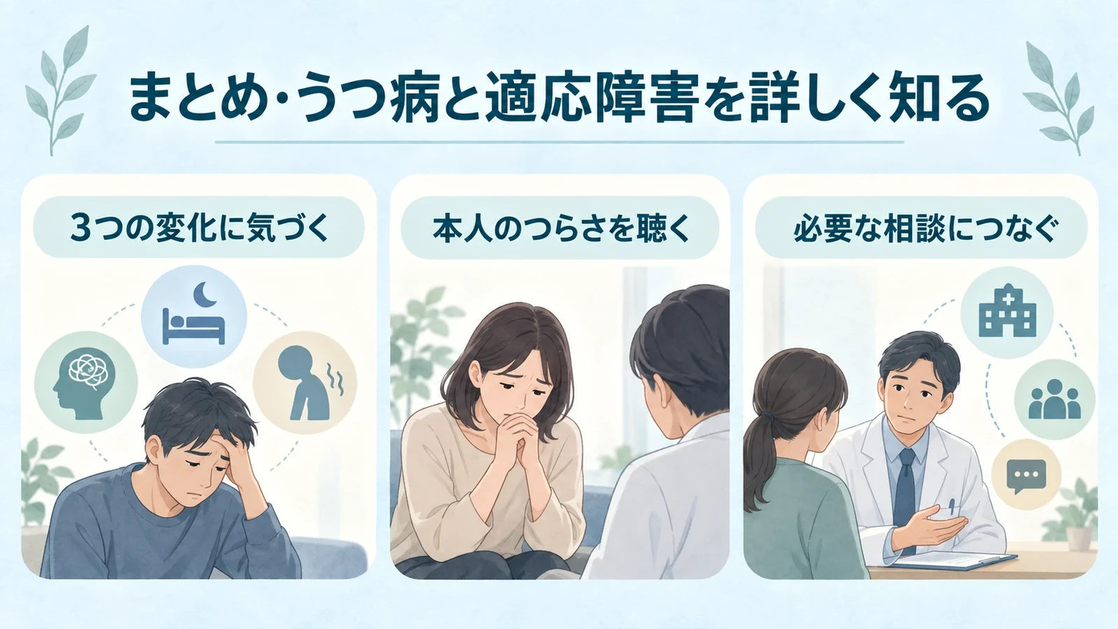 まとめ・うつ病と適応障害を詳しく知るの要点：3つの変化に気づく、本人のつらさを聴く、必要な相談につなぐ。