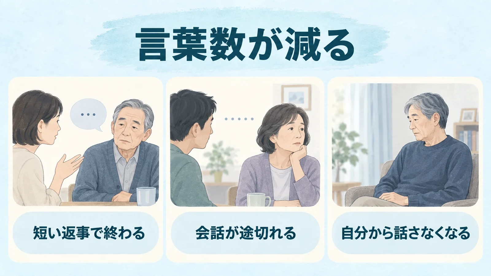 言葉数が減るの要点：短い返事で終わる、会話が途切れる、自分から話さなくなる。