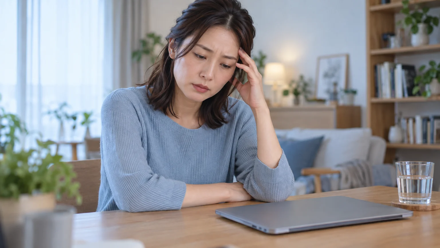 HSPの特徴と対処の説明動画。気を使いすぎる疲れや不安を、思案する架空の人物の表情で表したイメージ。