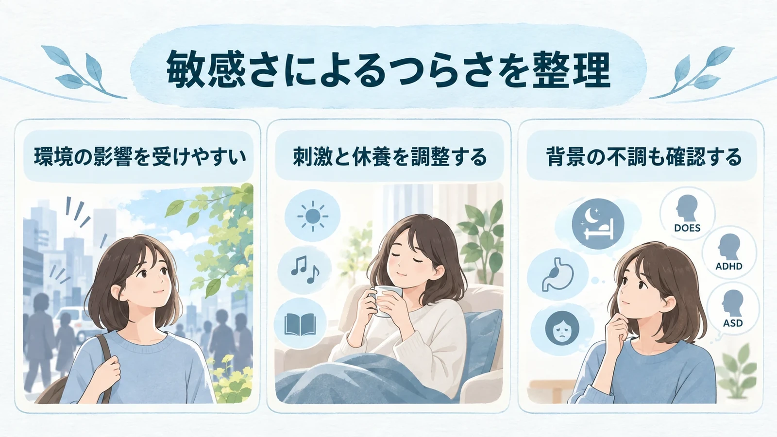 はじめにの要点:環境の影響を受けやすい、刺激と休養を調整する、背景の不調も確認する。