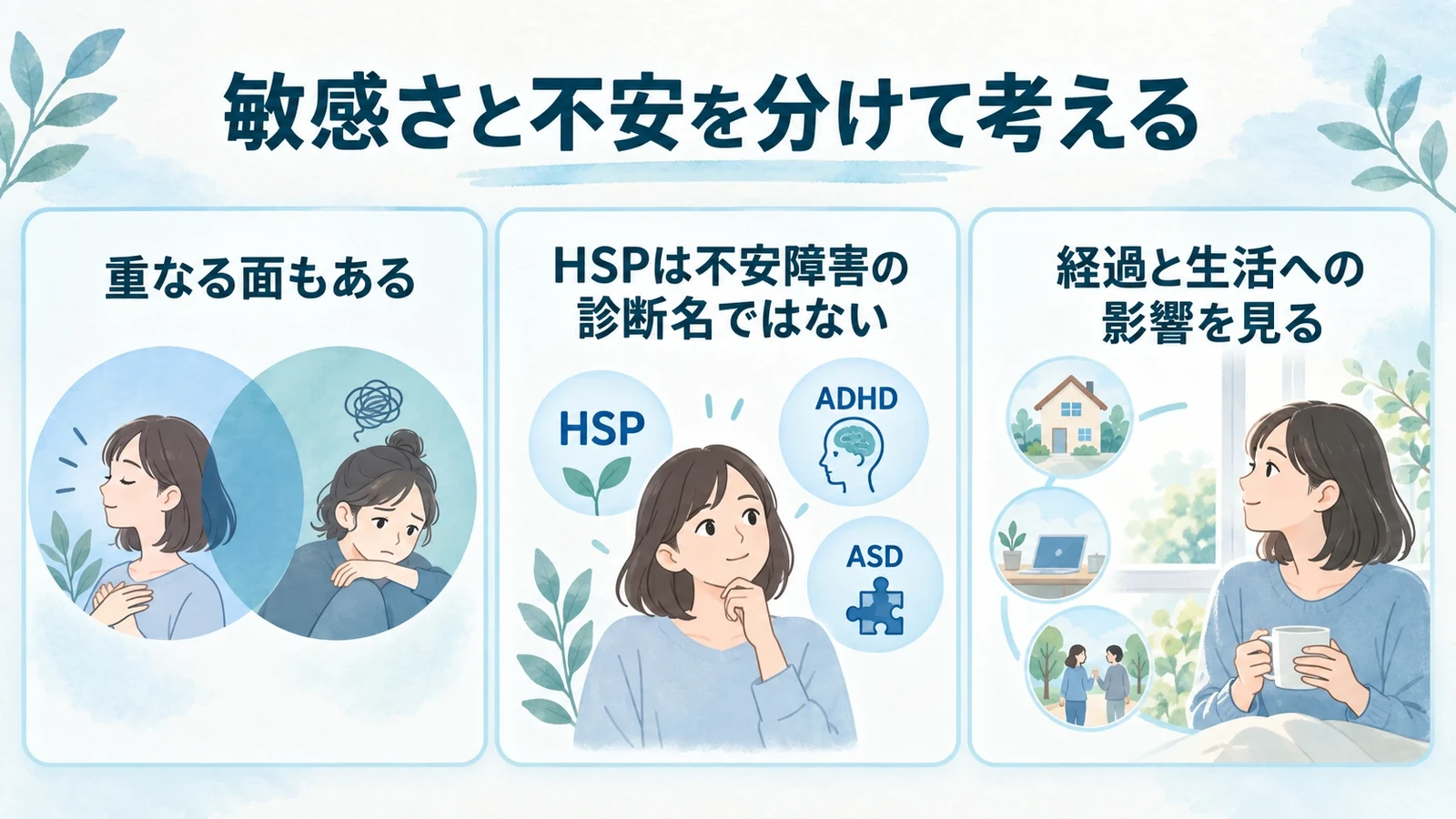 HSPと不安障害・不安神経症の関係の要点:重なる面もある、HSPは不安障害の診断名ではない、経過と生活への影響を見る。