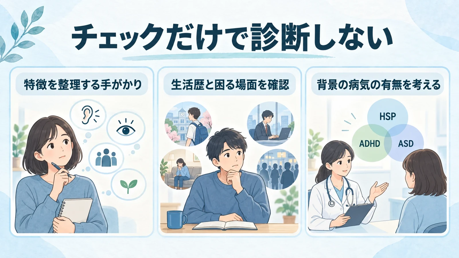 HSPの診断・セルフチェックで分かることの要点:特徴を整理する手がかり、生活歴と困る場面を確認、背景の病気の有無を考える。
