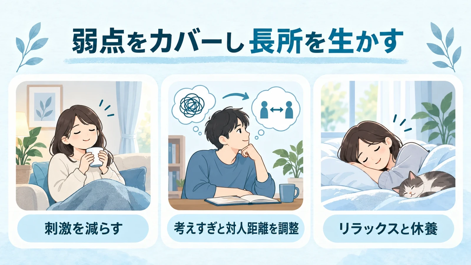 HSP特性への対処法―弱点をカバーし、長所を生かすの要点:刺激を減らす、考えすぎと対人距離を調整、リラックスと休養。