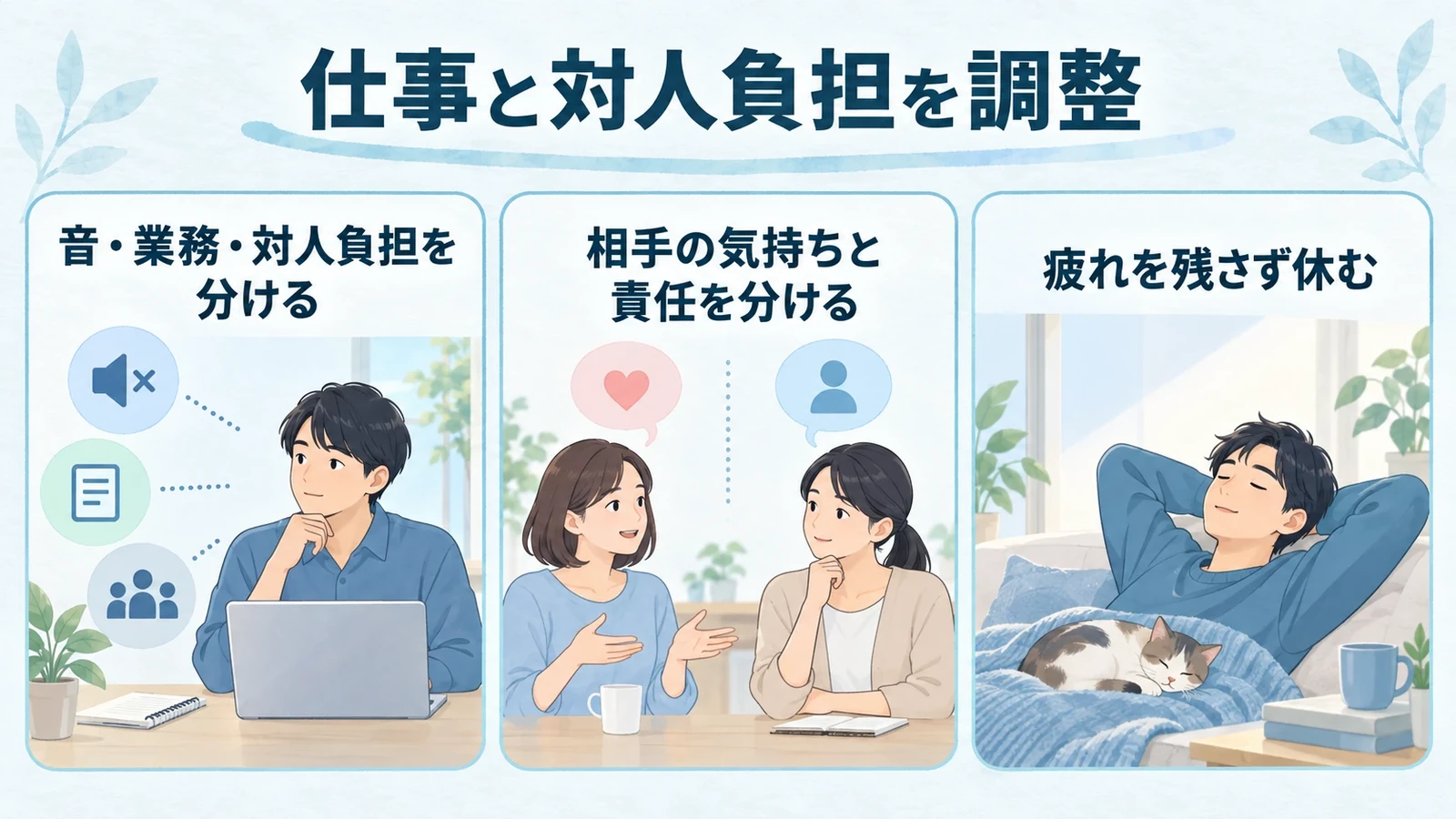 仕事や人間関係で、気を使いすぎるときの要点:音・業務・対人負担を分ける、相手の気持ちと責任を分ける、疲れを残さず休む。