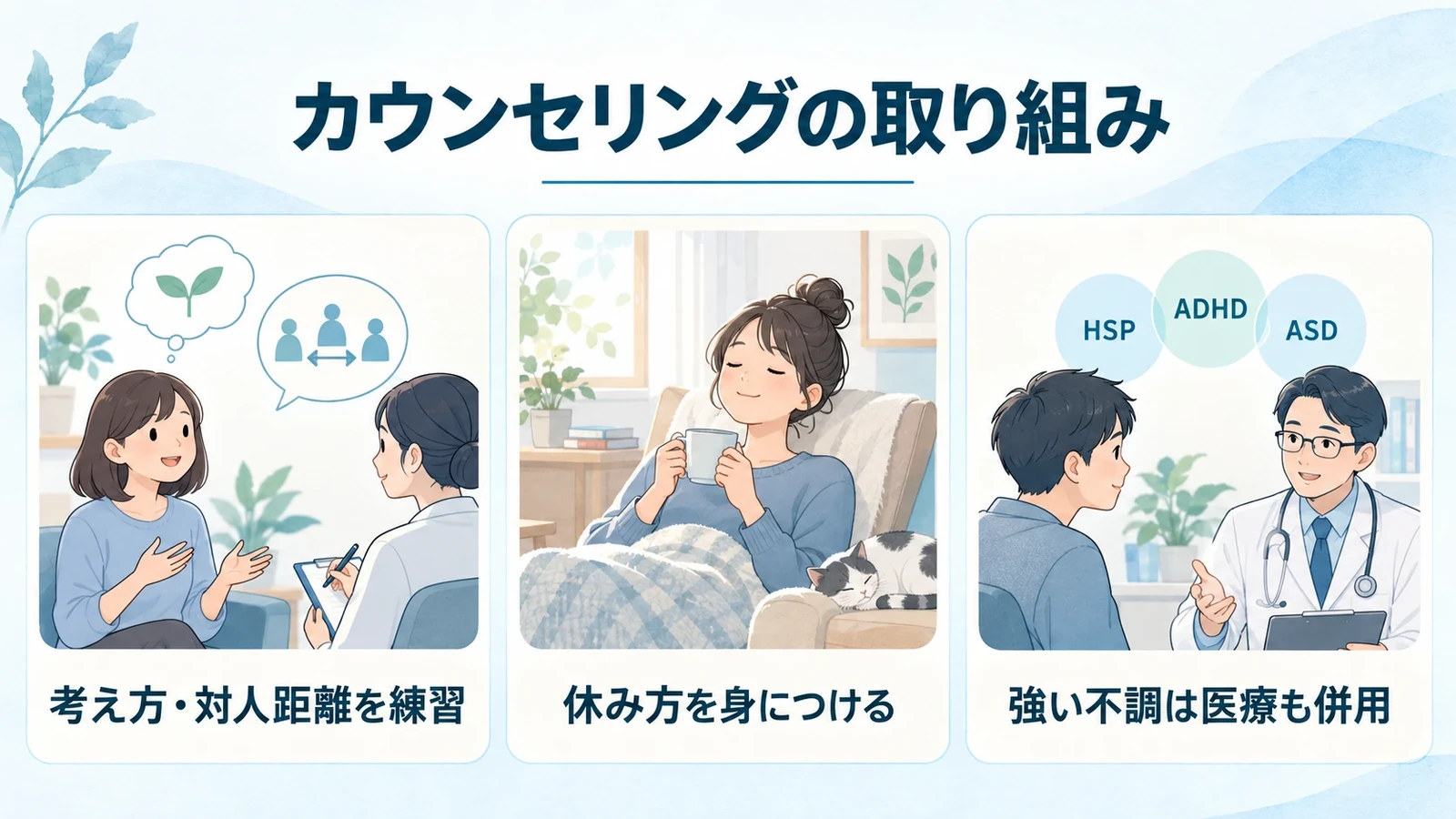 カウンセリングで取り組むことの要点:考え方・対人距離を練習、休み方を身につける、強い不調は医療も併用。
