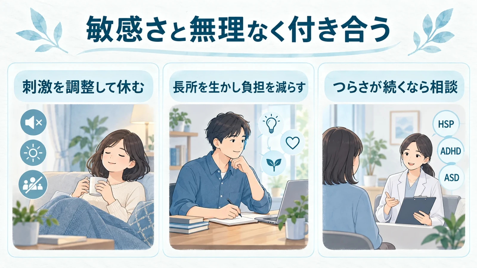 まとめの要点:刺激を調整して休む、長所を生かし負担を減らす、つらさが続くなら相談。