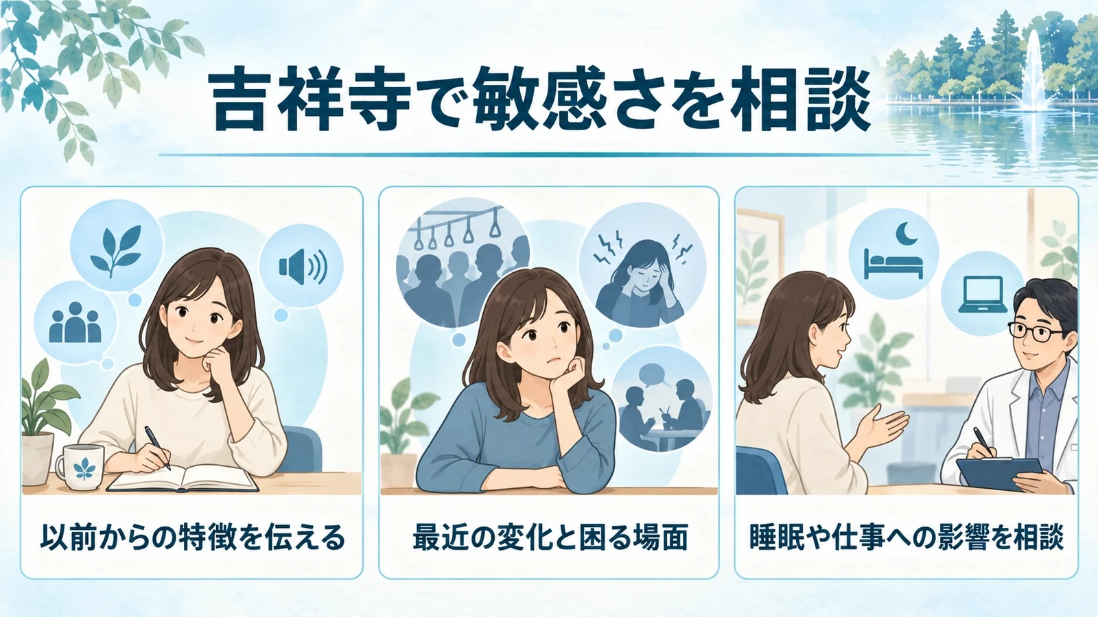 吉祥寺でHSPに関する相談をお考えの方への要点:以前からの特徴を伝える、最近の変化と困る場面、睡眠や仕事への影響を相談。