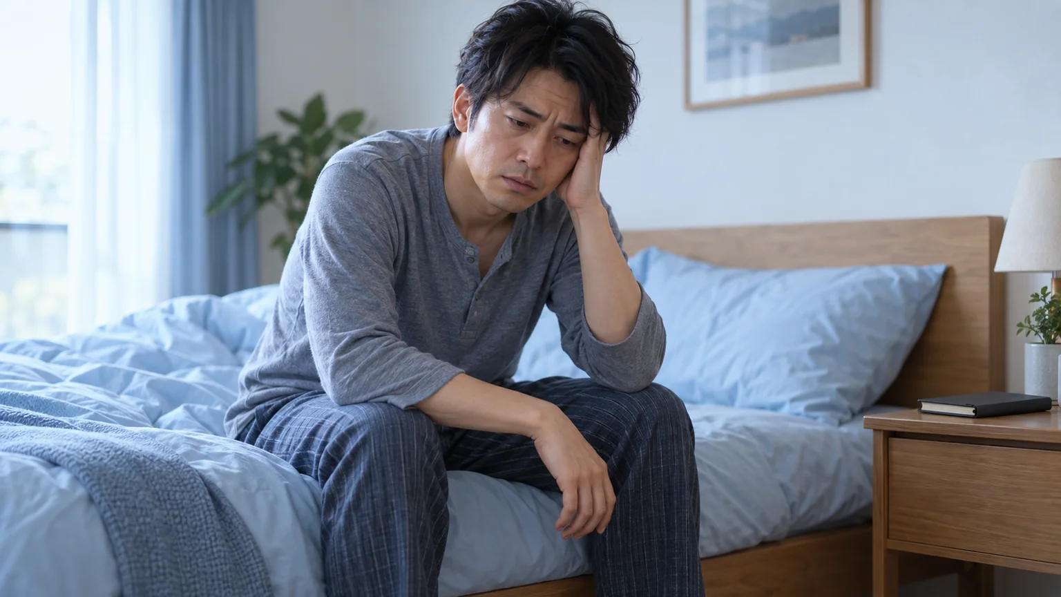 寝ても疲れが取れないの説明動画。日常生活の場面を表した架空のイメージ。