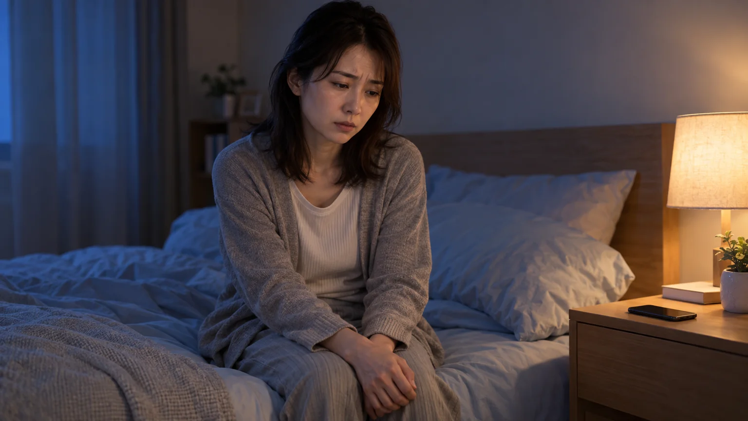 不眠症の症状と治療の説明動画。眠れない疲れや不安を、寝床で思案する架空の人物の表情で表したイメージ。