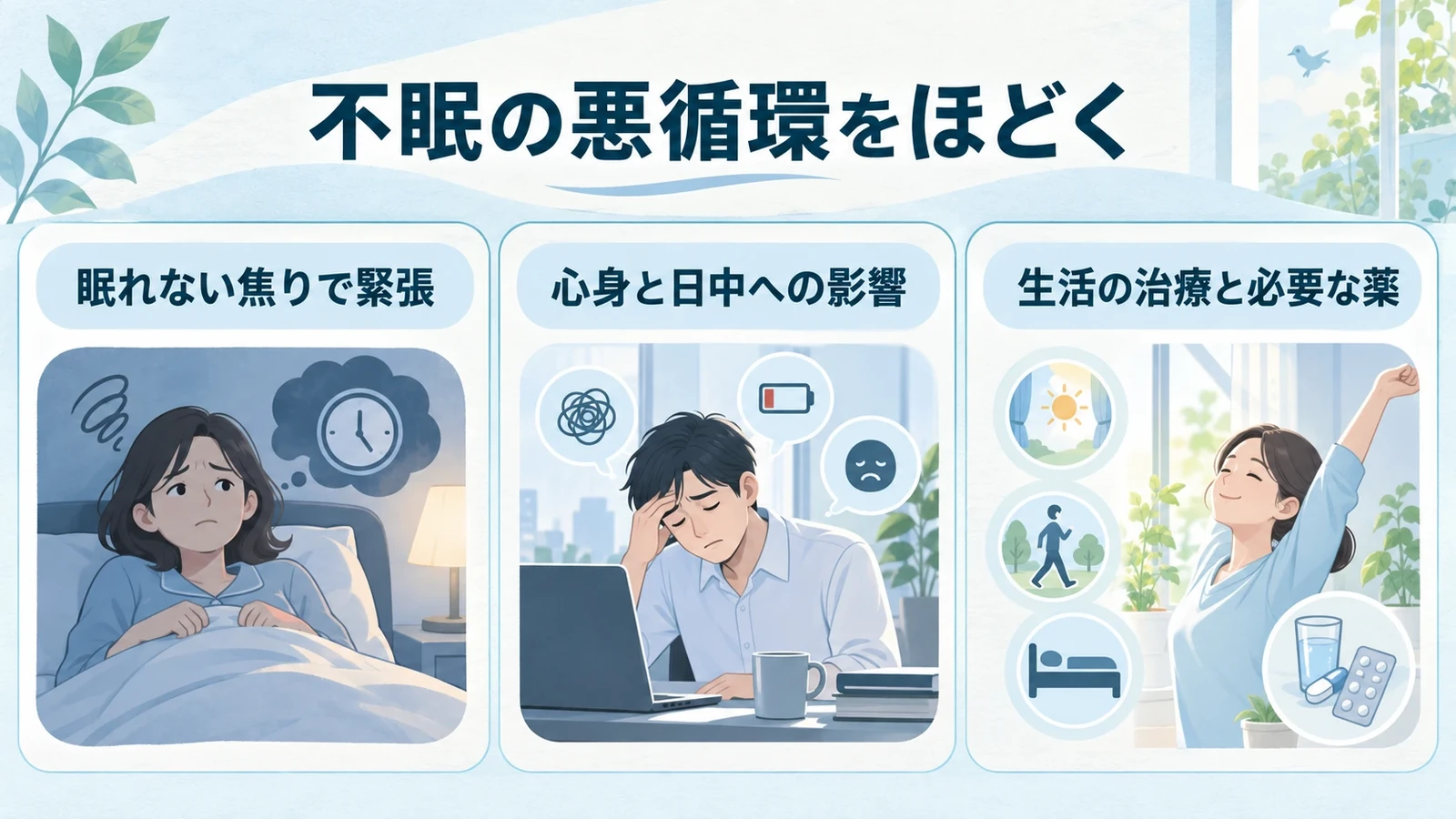 はじめにの要点:眠れない焦りで緊張、心身と日中への影響、生活の治療と必要な薬。
