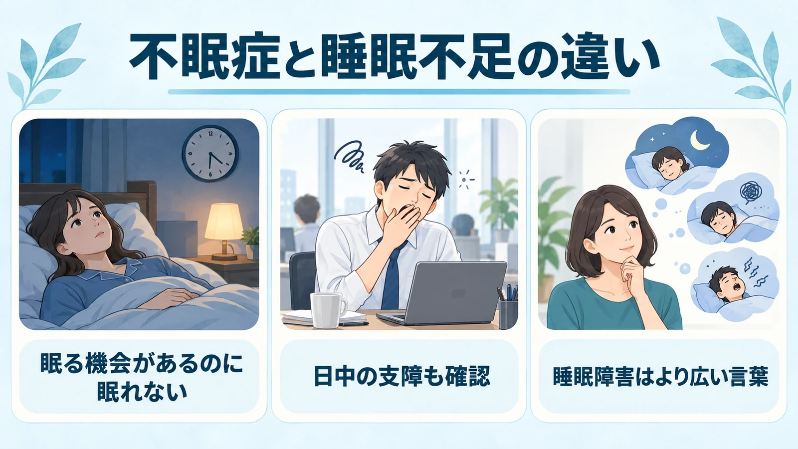 不眠症とは―睡眠不足・睡眠障害との違いの要点:眠る機会があるのに眠れない、日中の支障も確認、睡眠障害はより広い言葉。