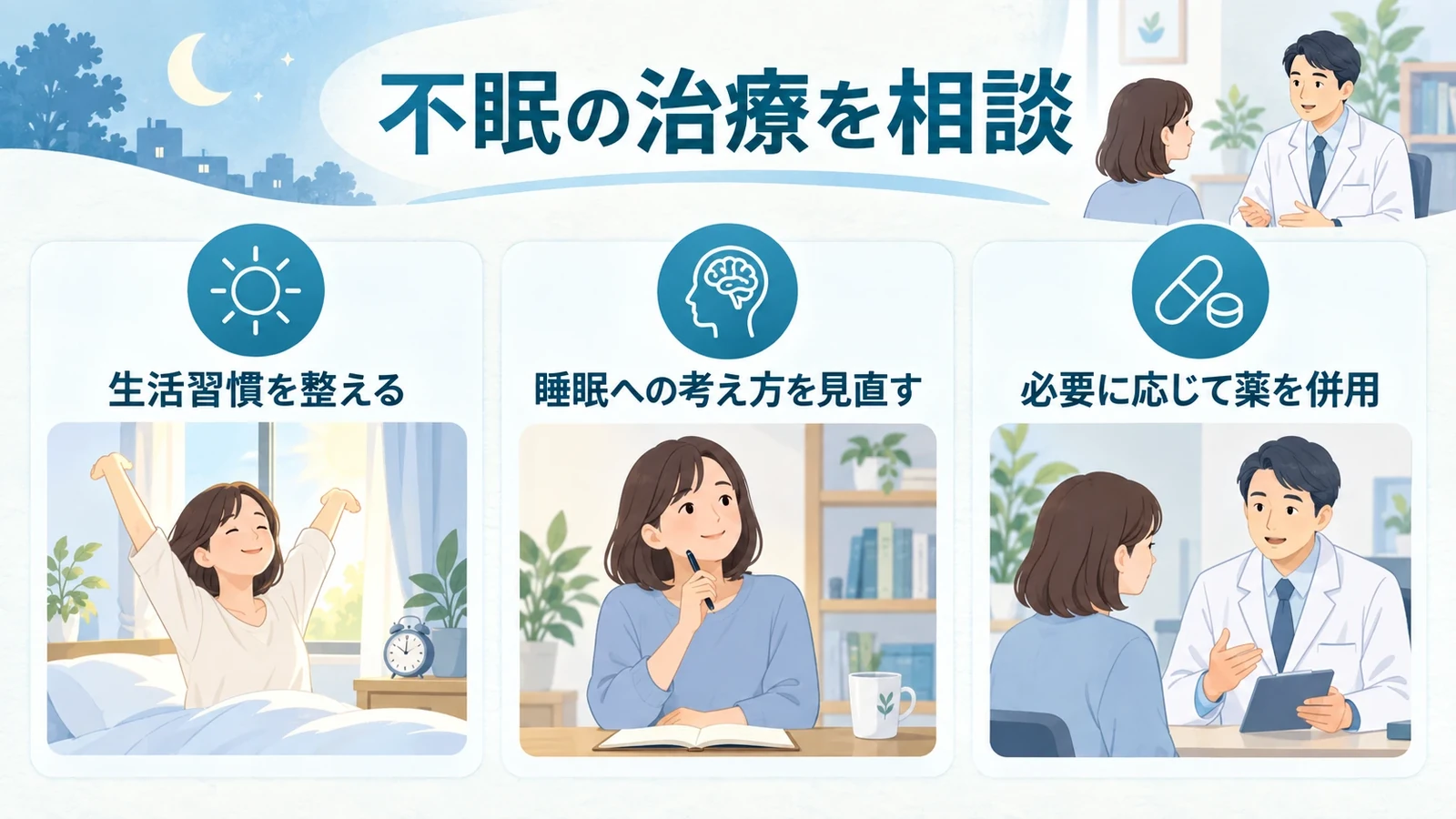 不眠の治療の2つの方法の要点:生活習慣を整える、睡眠への考え方を見直す、必要に応じて薬を併用。
