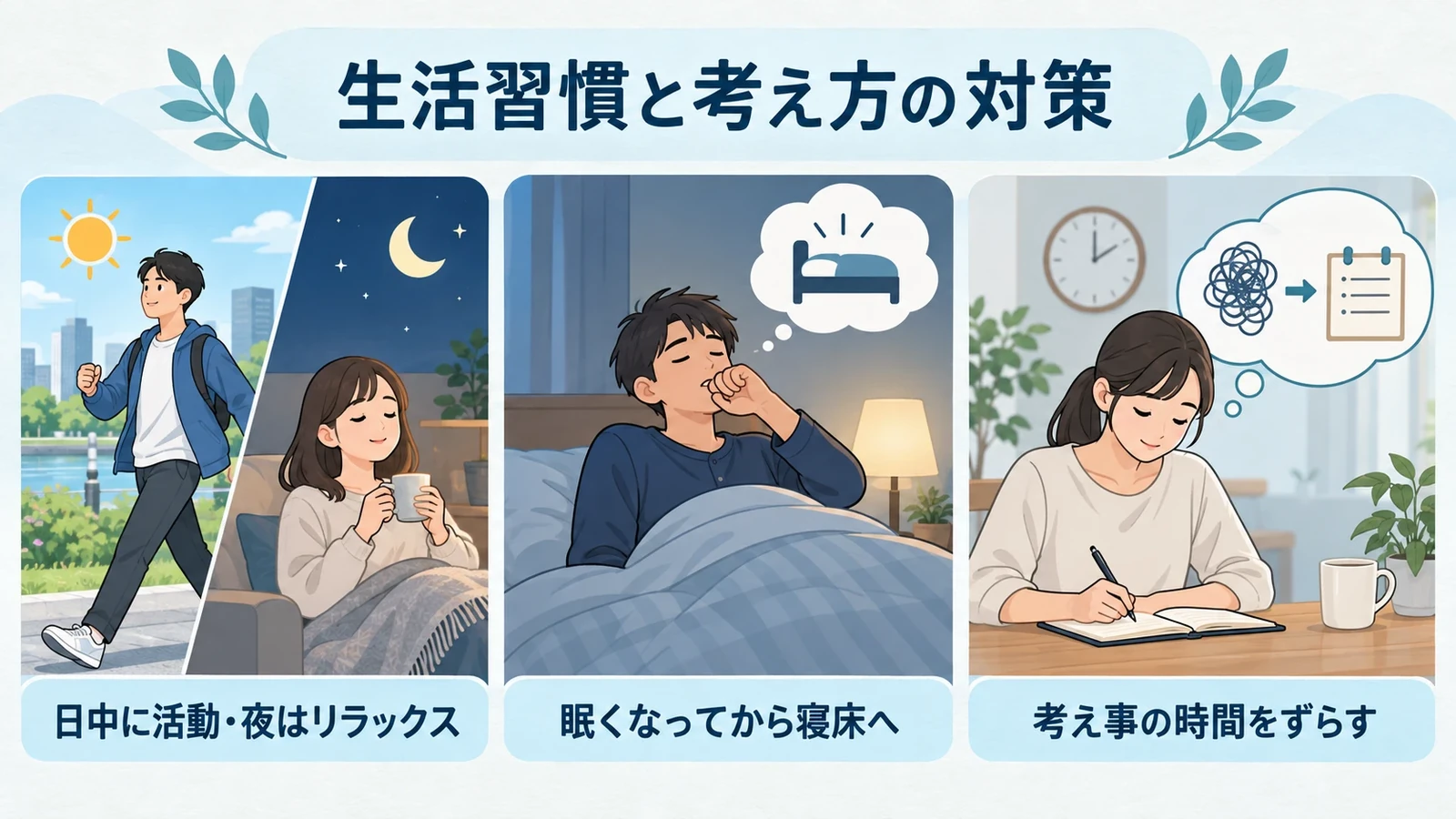 治療の方法①生活面での治療の要点:日中に活動・夜はリラックス、眠くなってから寝床へ、考え事の時間をずらす。