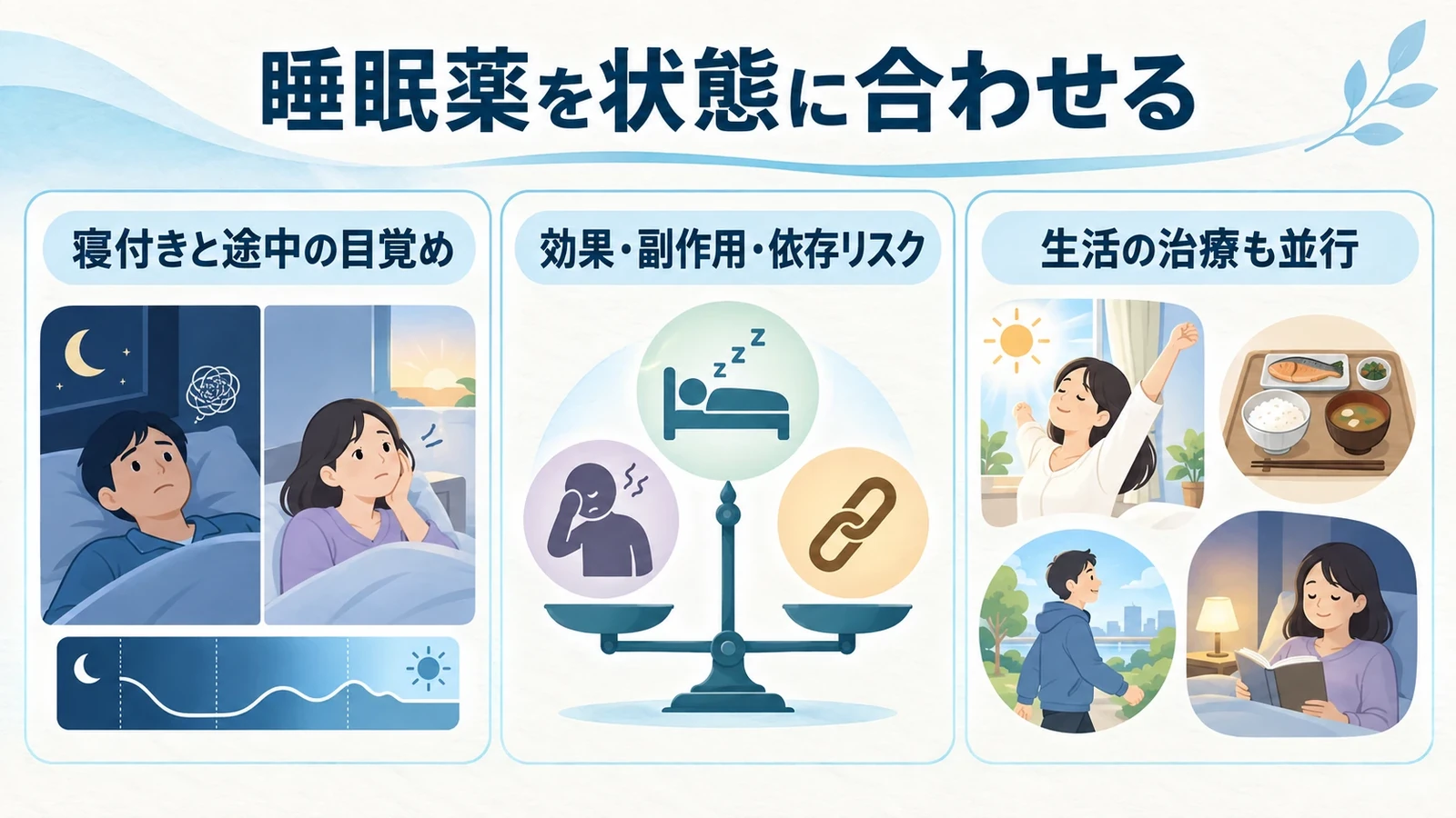 治療の方法②薬の治療の要点:寝付きと途中の目覚め、効果・副作用・依存リスク、生活の治療も並行。