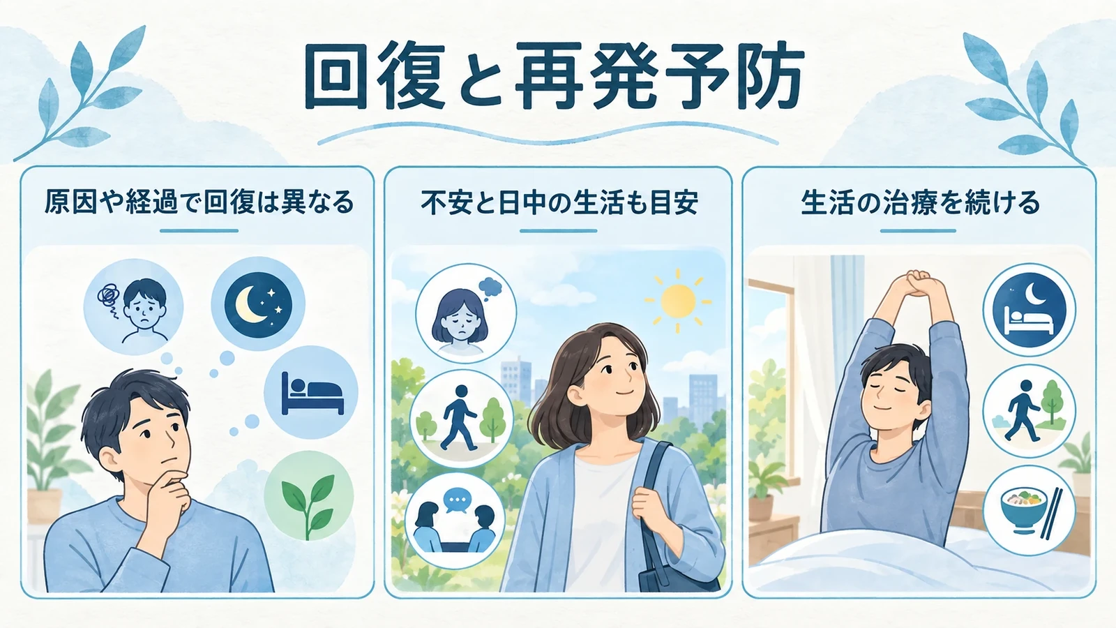 不眠症は治る?―治療期間と再発予防の要点:原因や経過で回復は異なる、不安と日中の生活も目安、生活の治療を続ける。