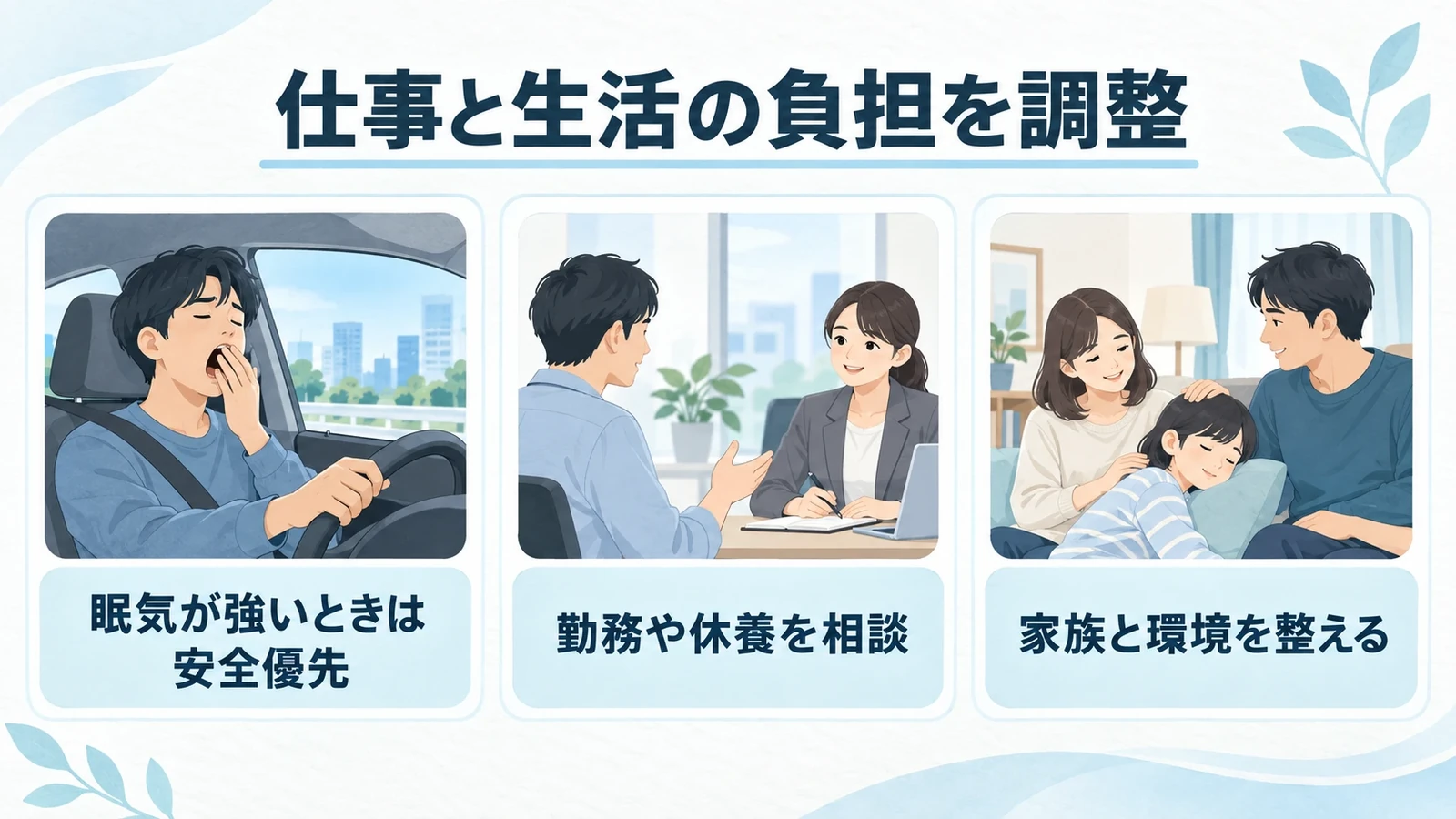仕事や生活への影響が強いときの要点:眠気が強いときは安全優先、勤務や休養を相談、家族と環境を整える。