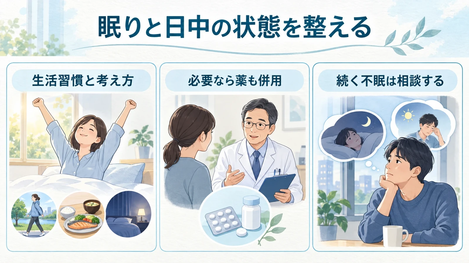 まとめの要点:生活習慣と考え方、必要なら薬も併用、続く不眠は相談する。