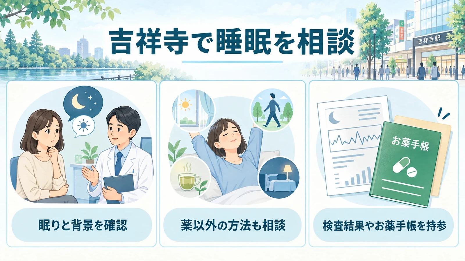 吉祥寺で不眠症・睡眠の相談をお考えの方への要点:眠りと背景を確認、薬以外の方法も相談、検査結果やお薬手帳を持参。