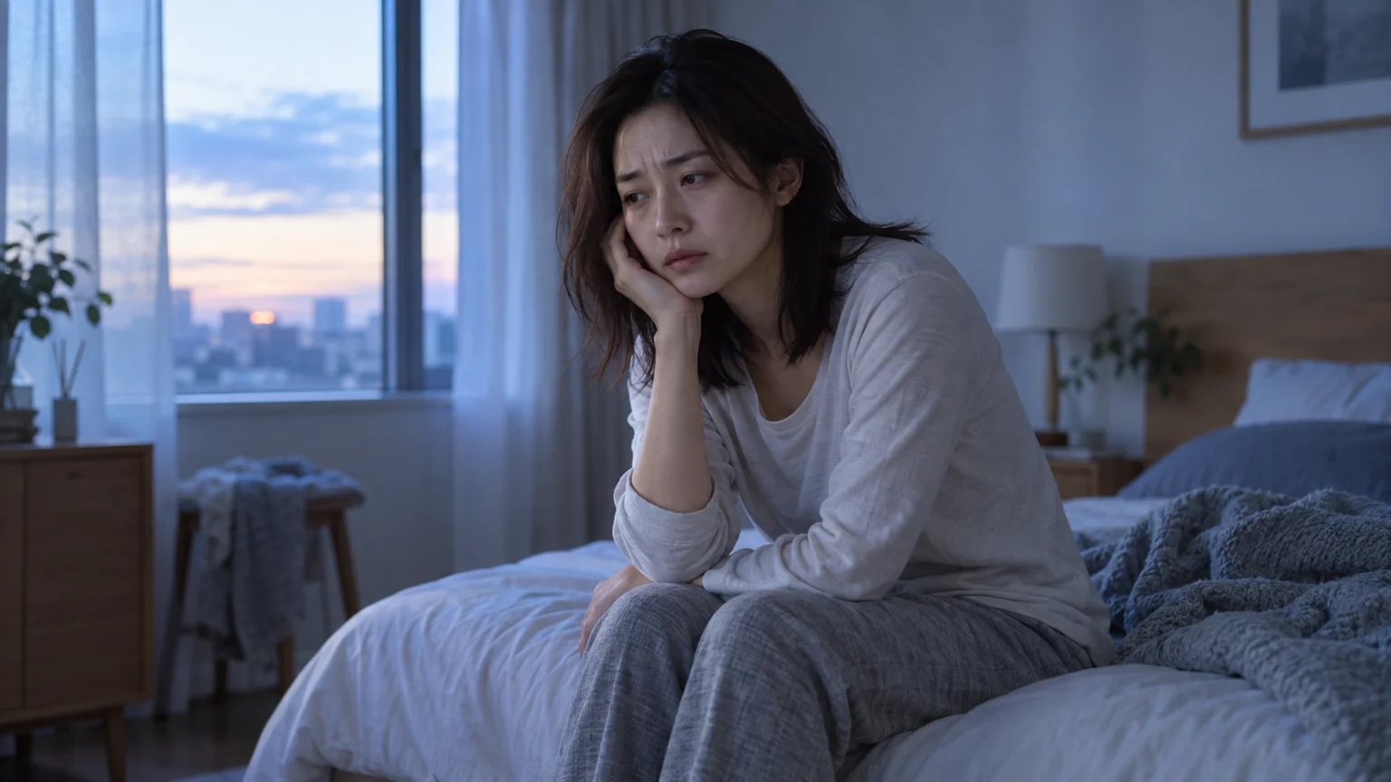 朝早く目が覚め、そのまま起きているの説明動画。日常生活の場面を表した架空のイメージ。