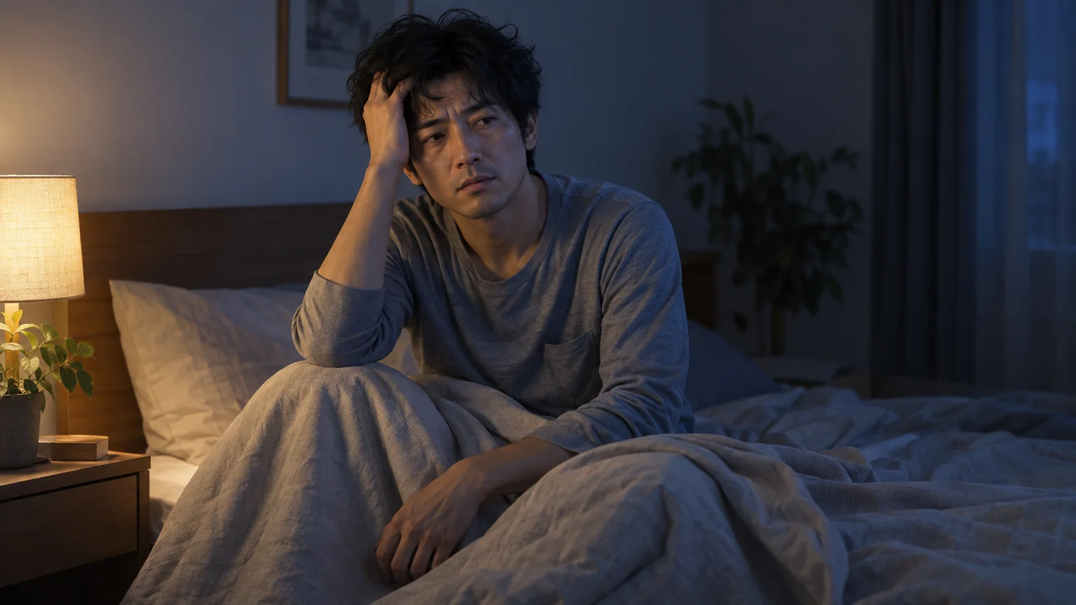夜中に何度も目が覚め、寝直せないの説明動画。日常生活の場面を表した架空のイメージ。