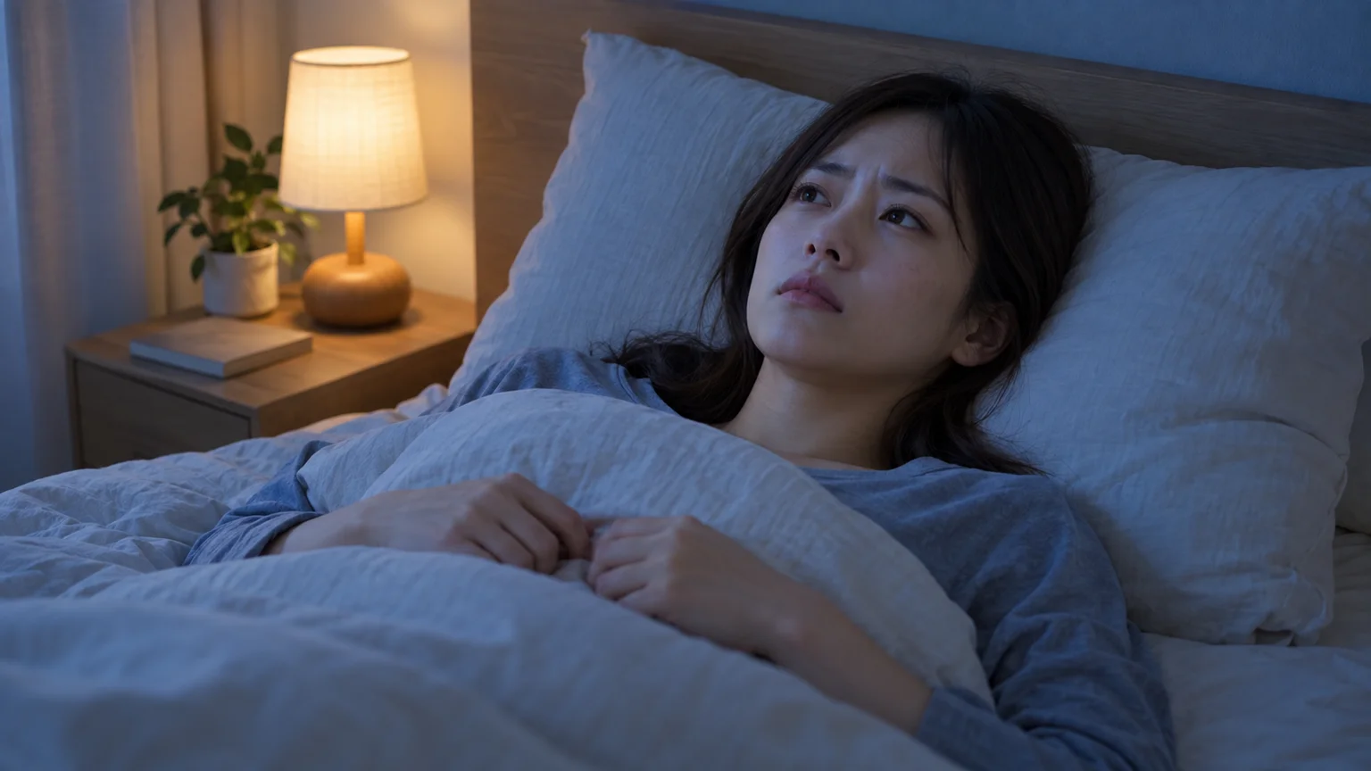 布団に入っても、なかなか寝付けないの説明動画。日常生活の場面を表した架空のイメージ。