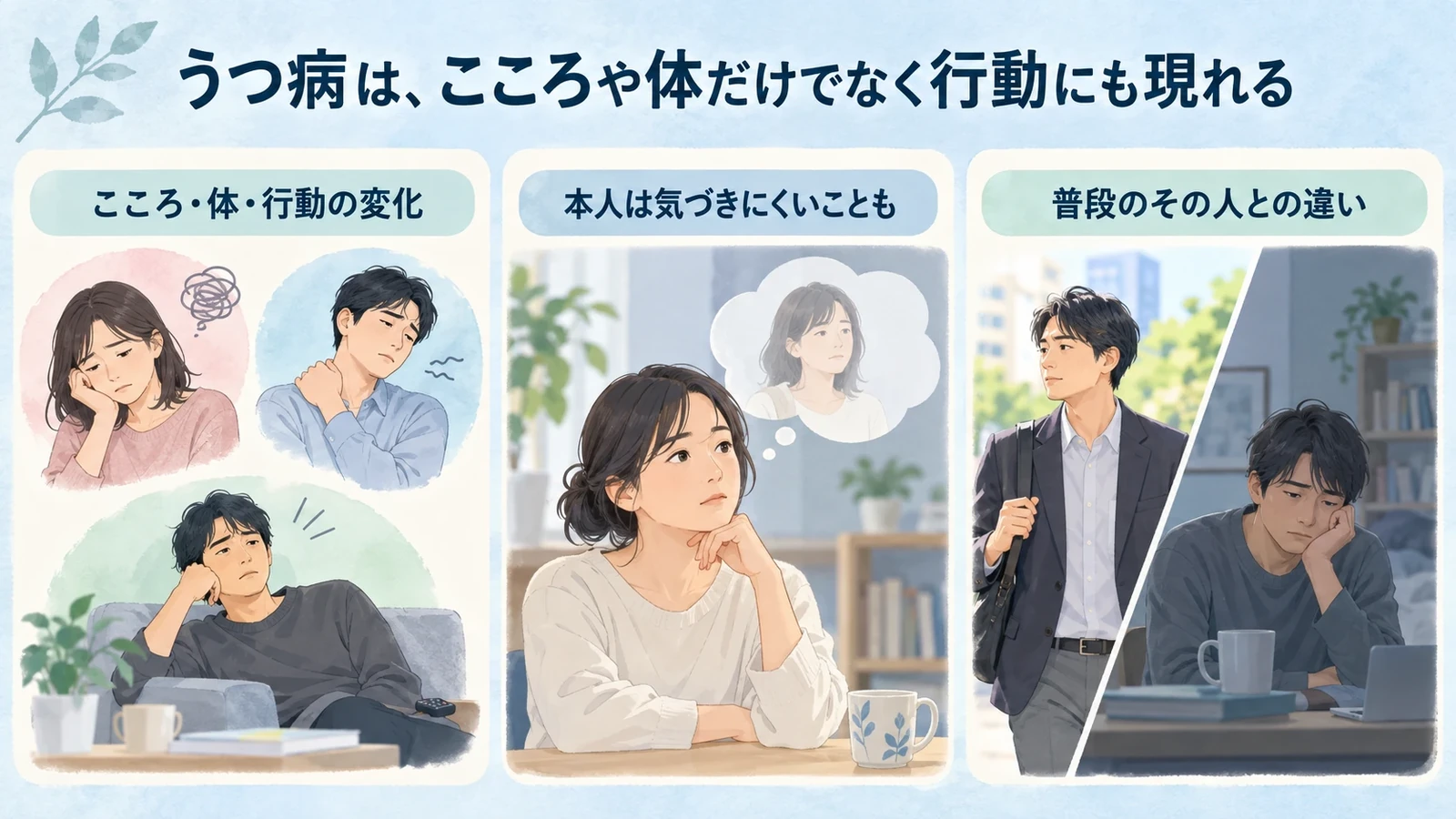 うつ病は、こころや体だけでなく行動にも現れるの要点:こころ・体・行動の変化、本人は気づきにくいことも、普段のその人との違い。