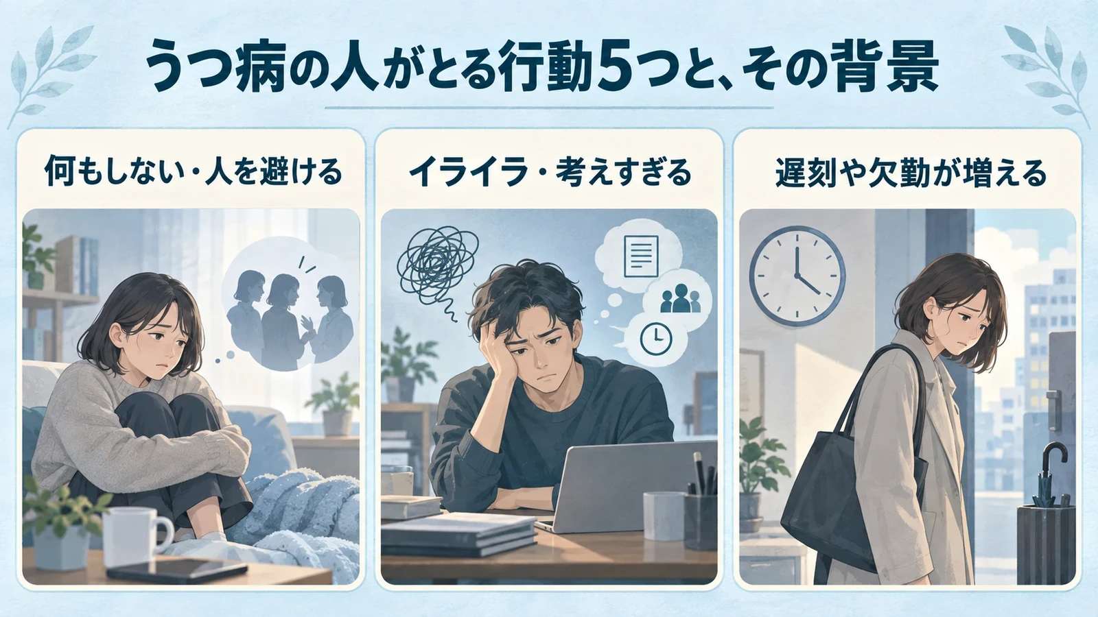 うつ病の人がとる行動5つと、その背景の要点:何もしない・人を避ける、イライラ・考えすぎる、遅刻や欠勤が増える。