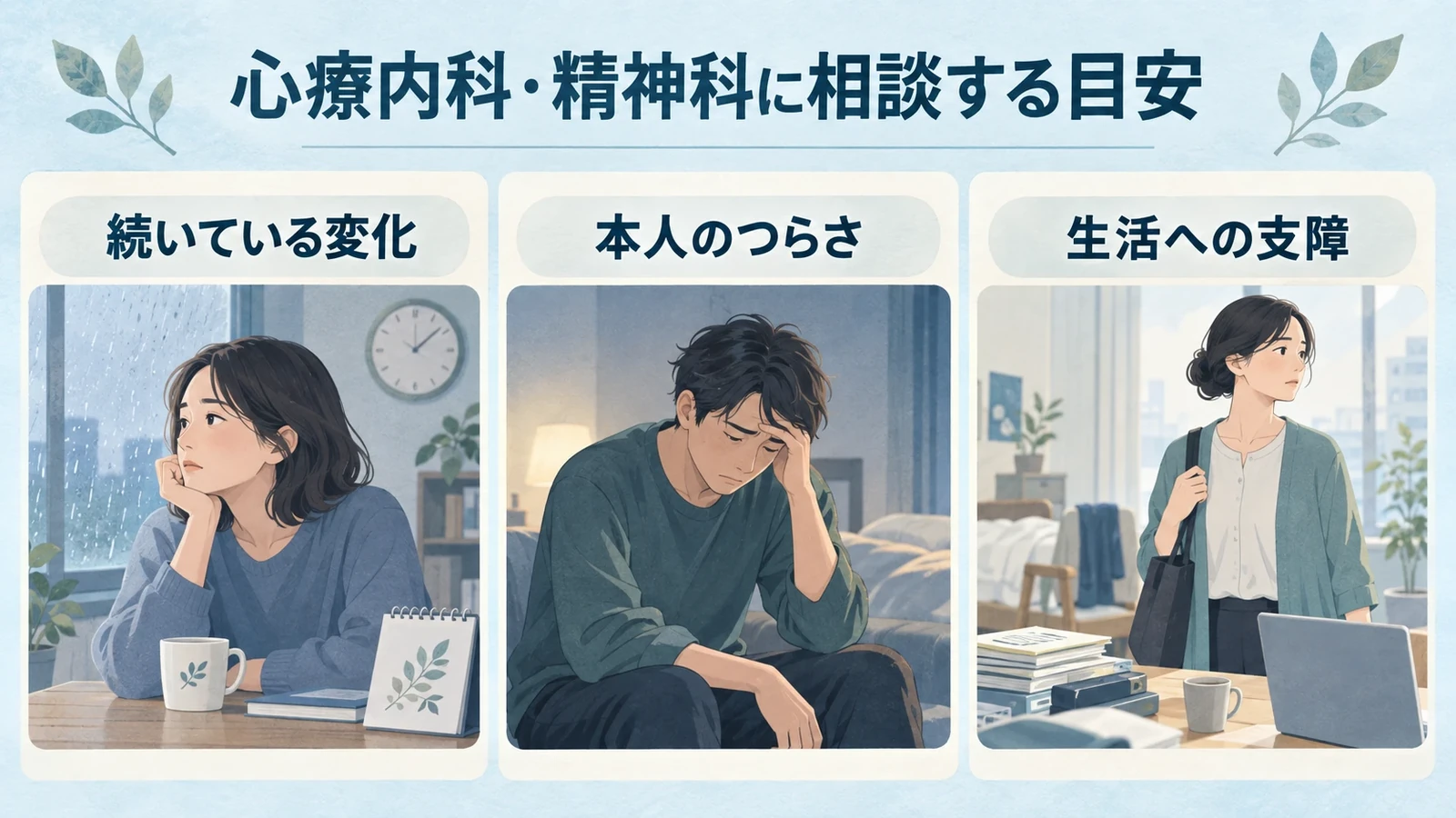 心療内科・精神科に相談する目安の要点:続いている変化、本人のつらさ、生活への支障。