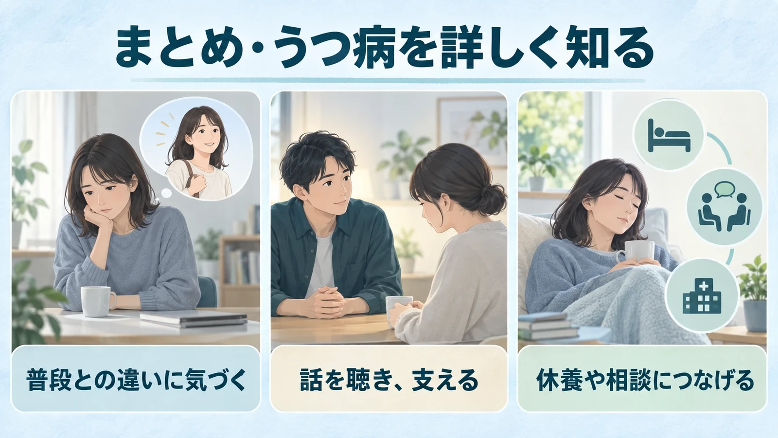 まとめ・うつ病を詳しく知るの要点:普段との違いに気づく、話を聴き、支える、休養や相談につなげる。