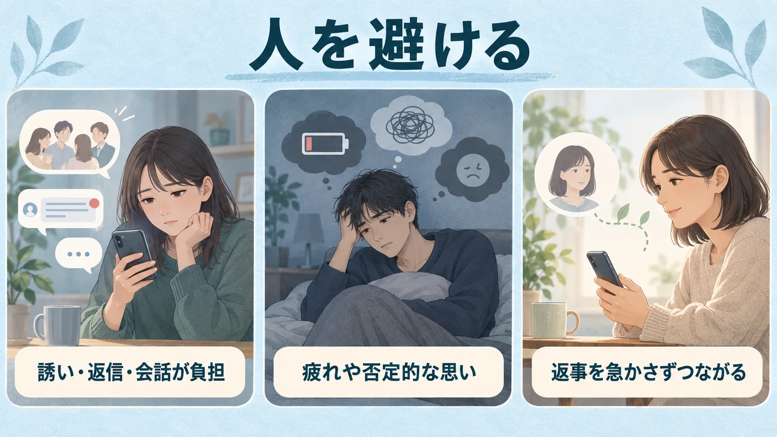 人を避けるの要点:誘い・返信・会話が負担、疲れや否定的な思い、返事を急かさずつながる。