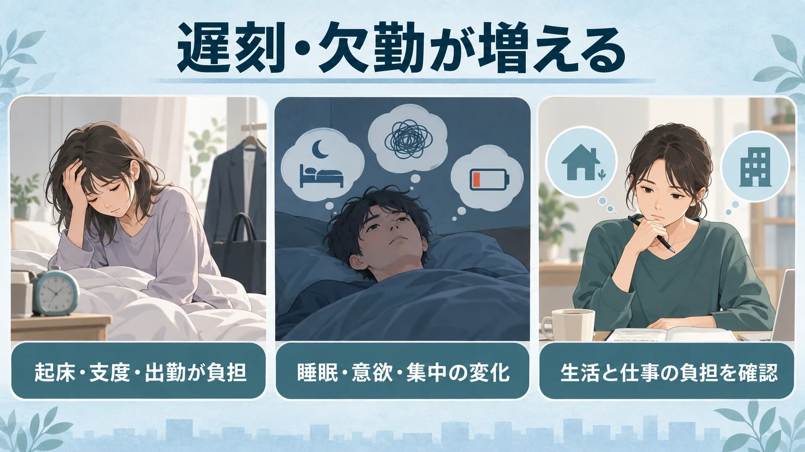 遅刻・欠勤が増えるの要点:起床・支度・出勤が負担、睡眠・意欲・集中の変化、生活と仕事の負担を確認。