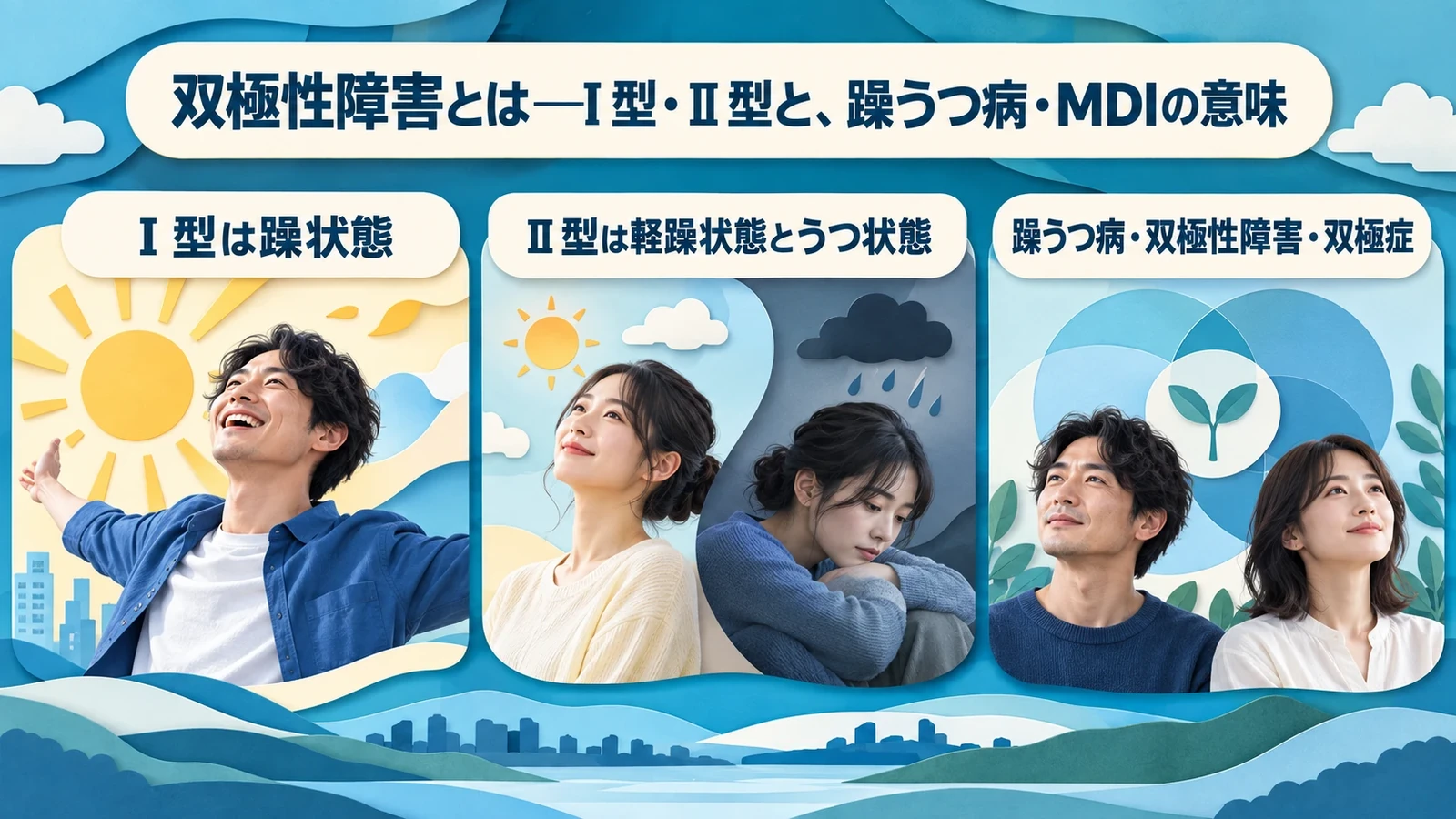 双極性障害とは―Ⅰ型・Ⅱ型と、躁うつ病・MDIの意味の要点:Ⅰ型は躁状態、Ⅱ型は軽躁状態とうつ状態、躁うつ病・双極性障害・双極症。