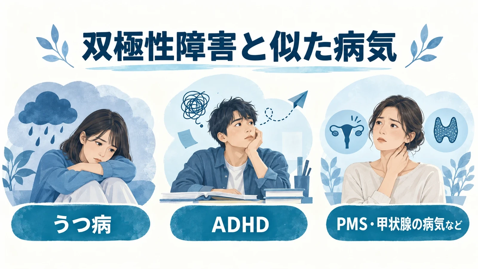 双極性障害と似た病気の要点:うつ病、ADHD、PMS・甲状腺の病気など。
