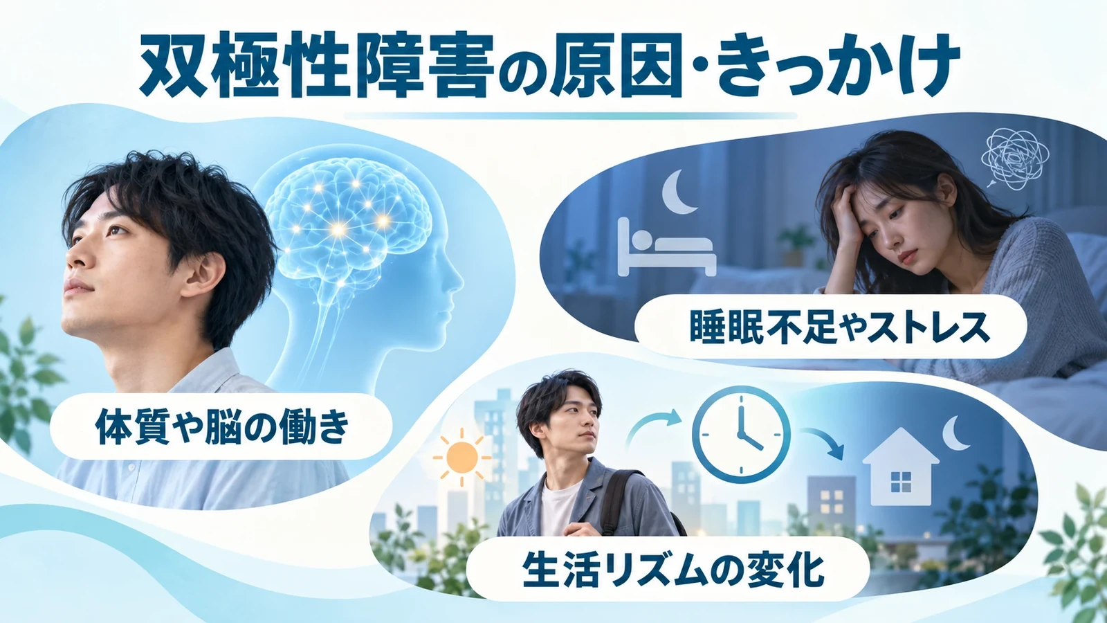 双極性障害の原因・きっかけの要点:体質や脳の働き、睡眠不足やストレス、生活リズムの変化。