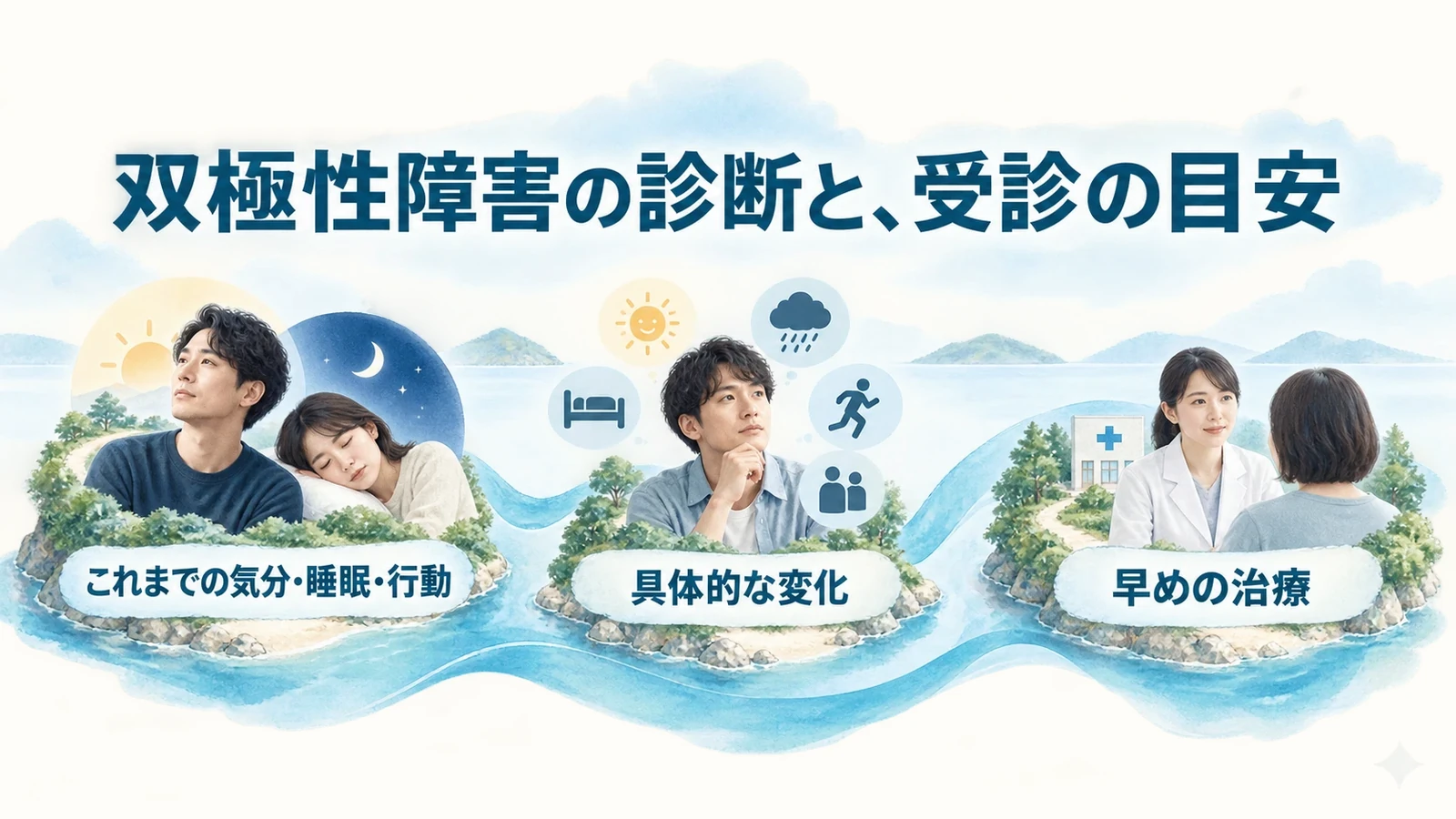 双極性障害の診断と、受診の目安の要点:これまでの気分・睡眠・行動、具体的な変化、早めの治療。