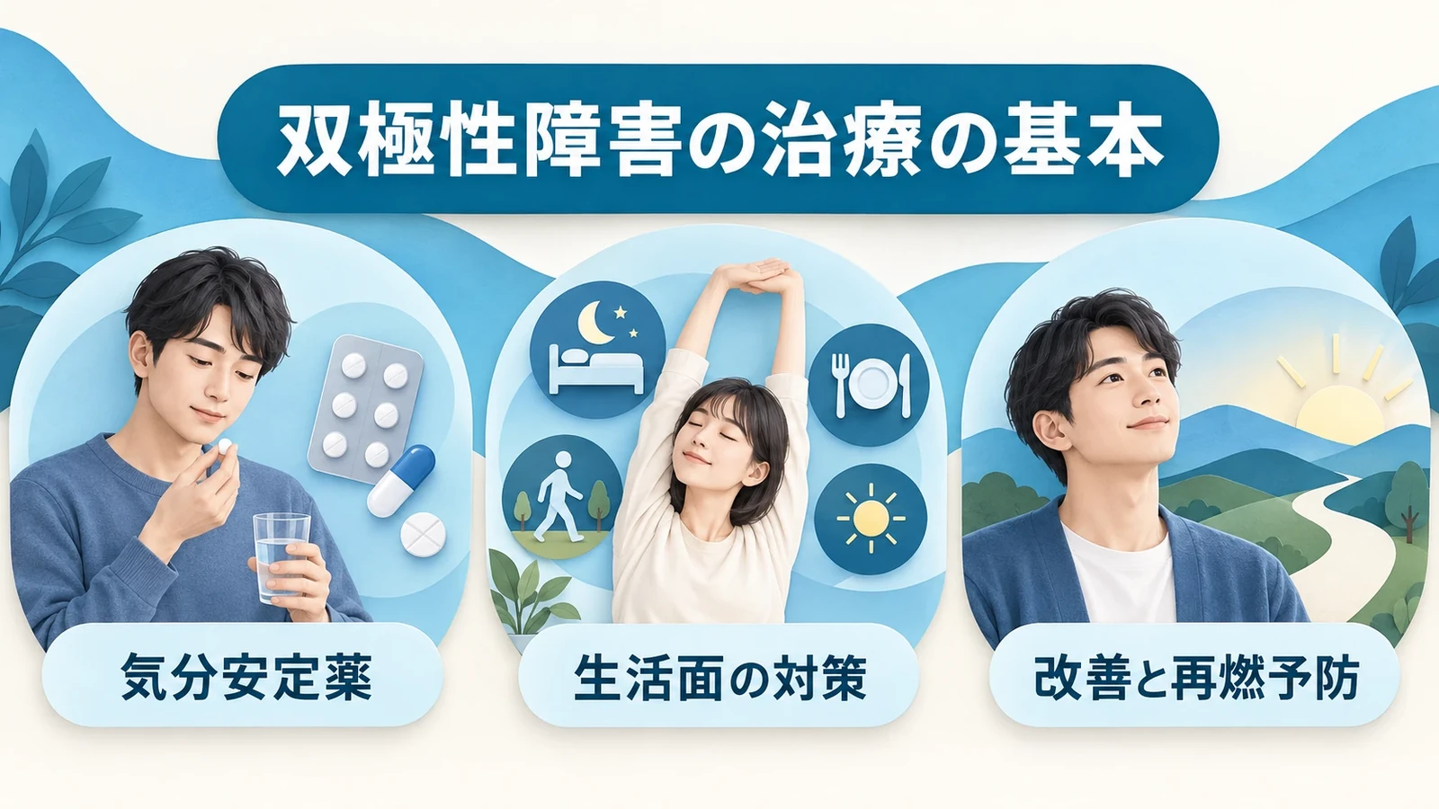 双極性障害の治療の基本の要点:気分安定薬、生活面の対策、改善と再燃予防。